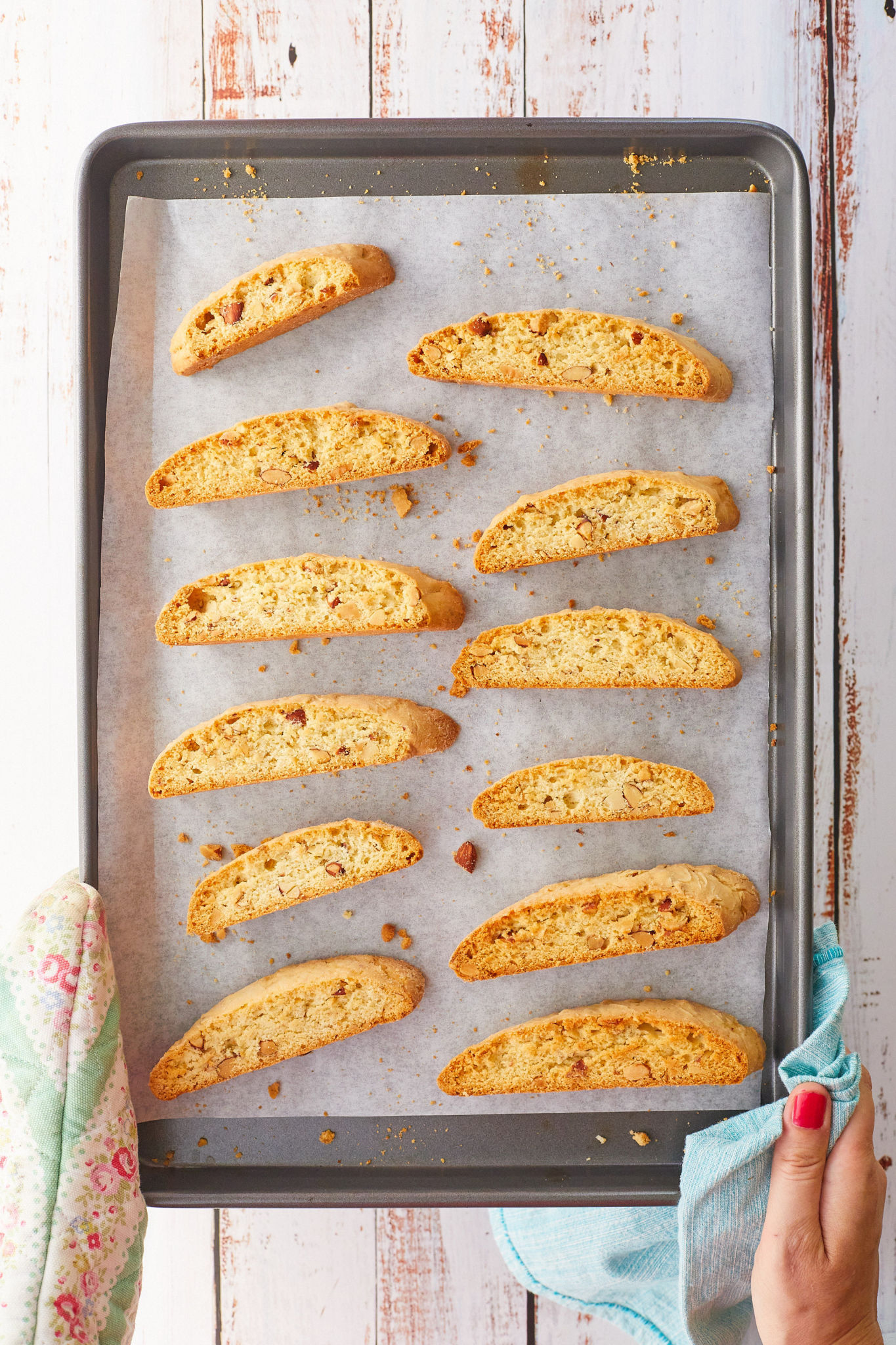 A tray full of homemade almond biscotti.