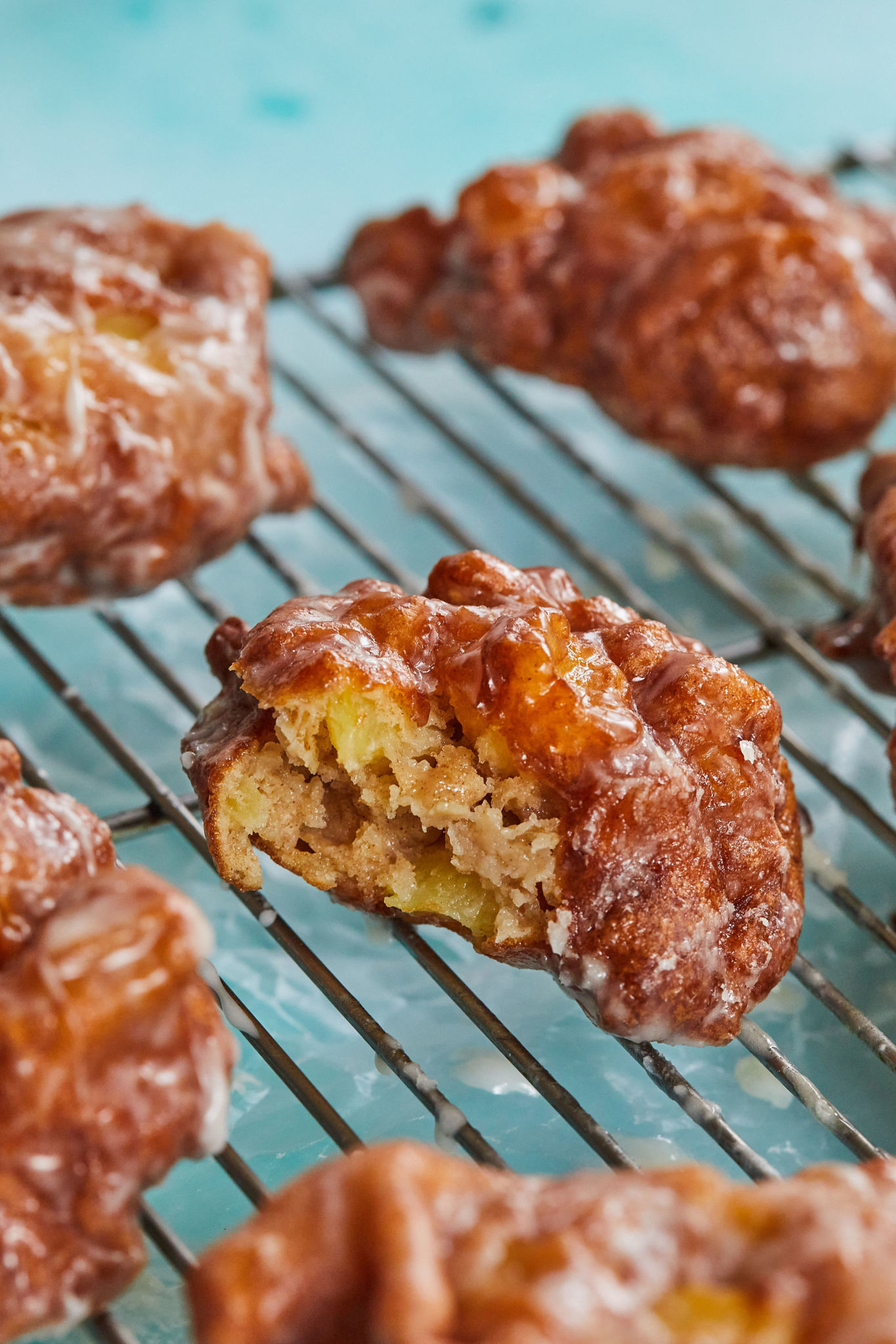 The interior of an apple fritter to show texture and consistency.