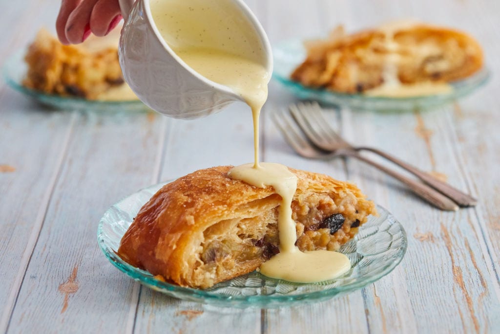 Pouring Creme Anglaise on my Apple Strudel.