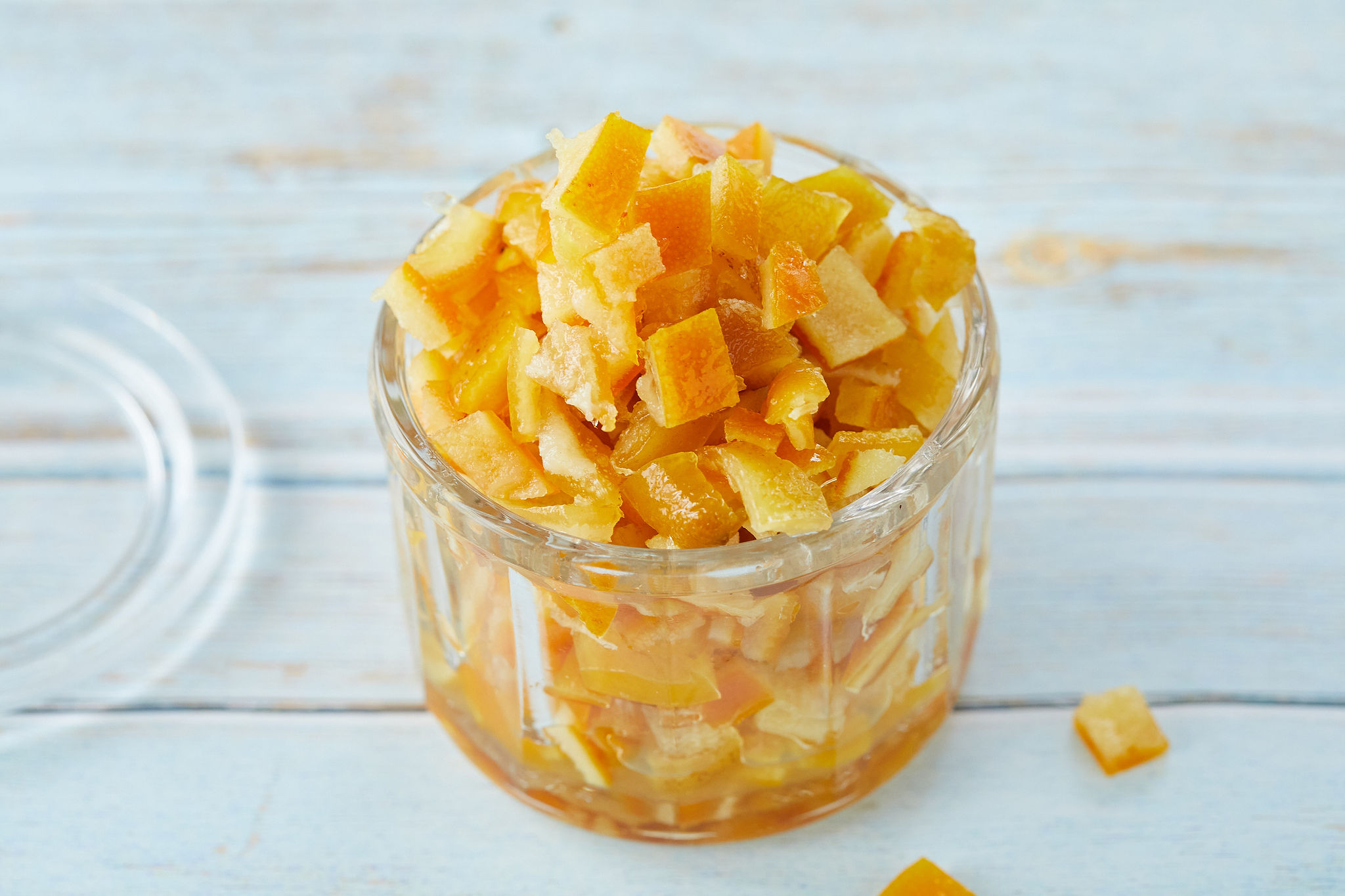 A jar of candied mixed peel using lemons and oranges.