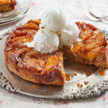 Caramel Apple Upside Down Cake topped with ice cream.