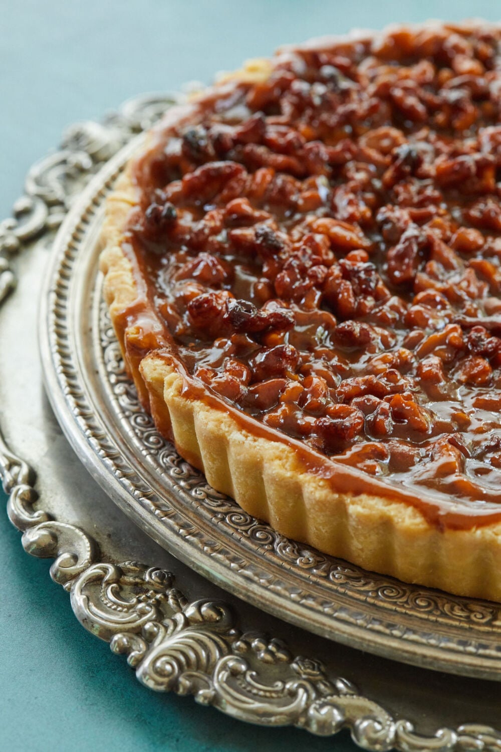 French walnut-caramel tart1 A close-up shot at a French walnut caramel tart