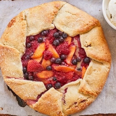 A top-down view of the rustic fruit galette, already baked.