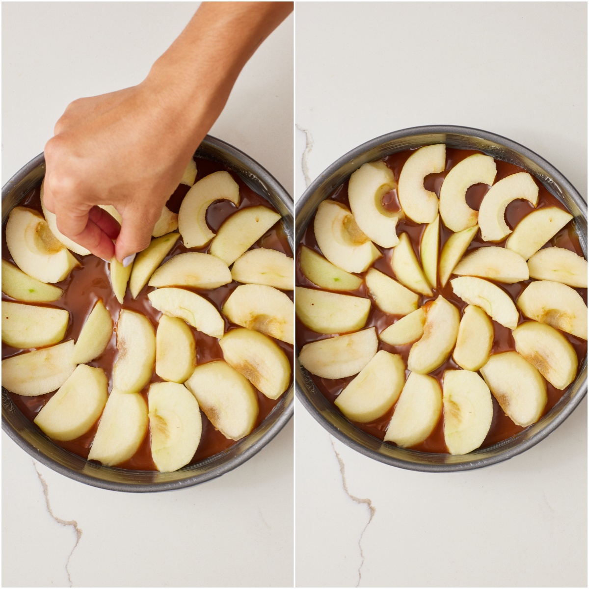 CaramaelAppleUpsideDownCake7 Pour your salted caramel sauce into the buttered pan and spread evenly over the bottom and up the sides.
