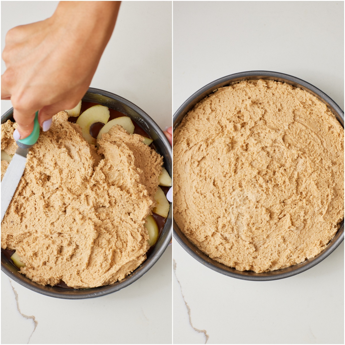 CaramelAppleUpsideDownCake8 Add Batter: Spread the cake batter evenly on top of the apples.