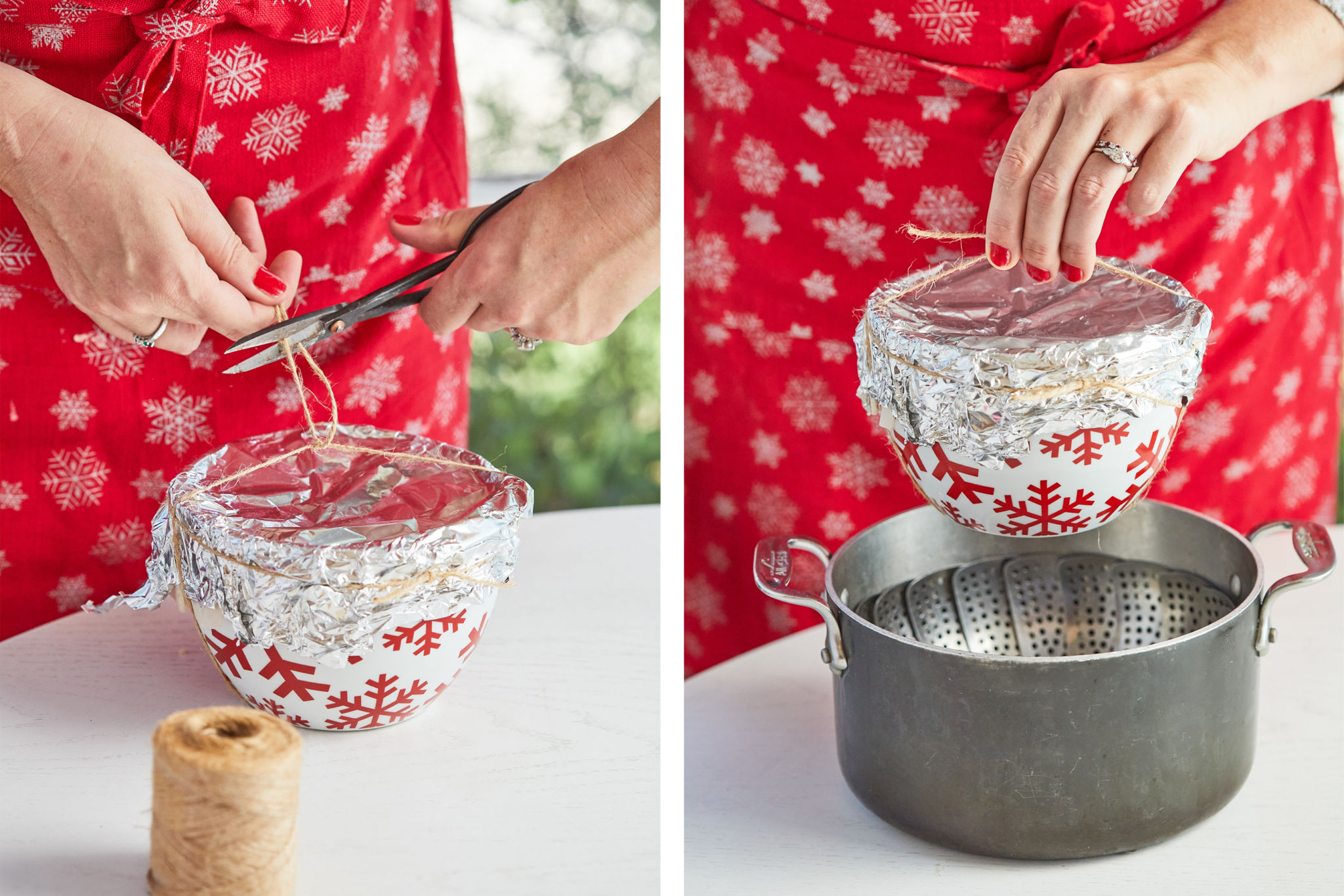 A side-by-side of covering the Christmas pudding and lowering it into the pot.