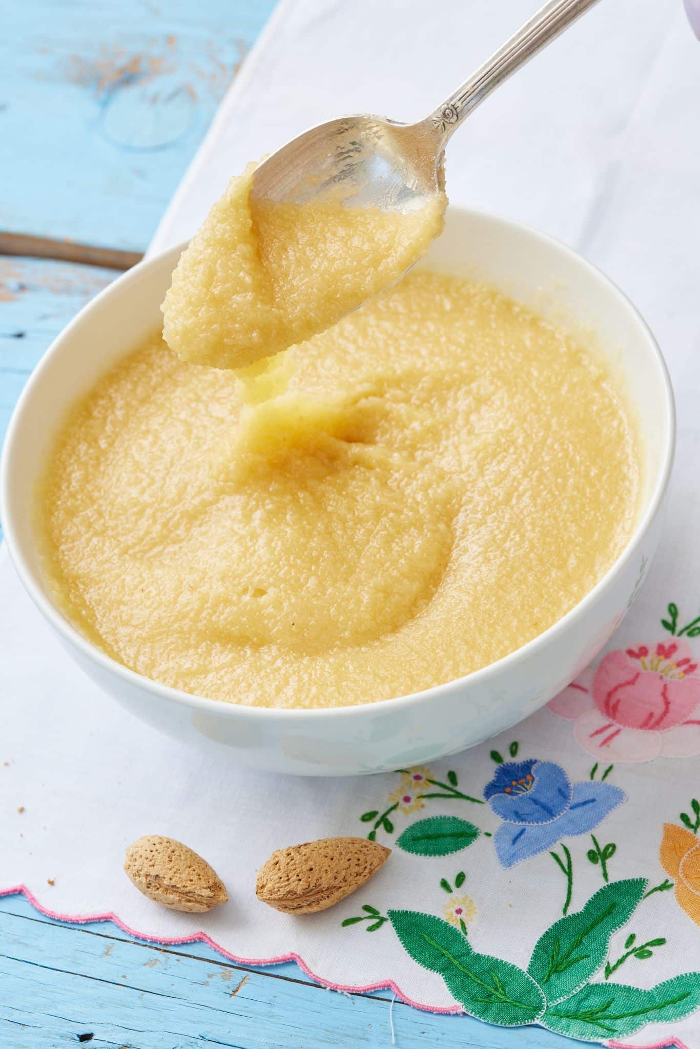 A spoonful over a bowl of Frangipane. 