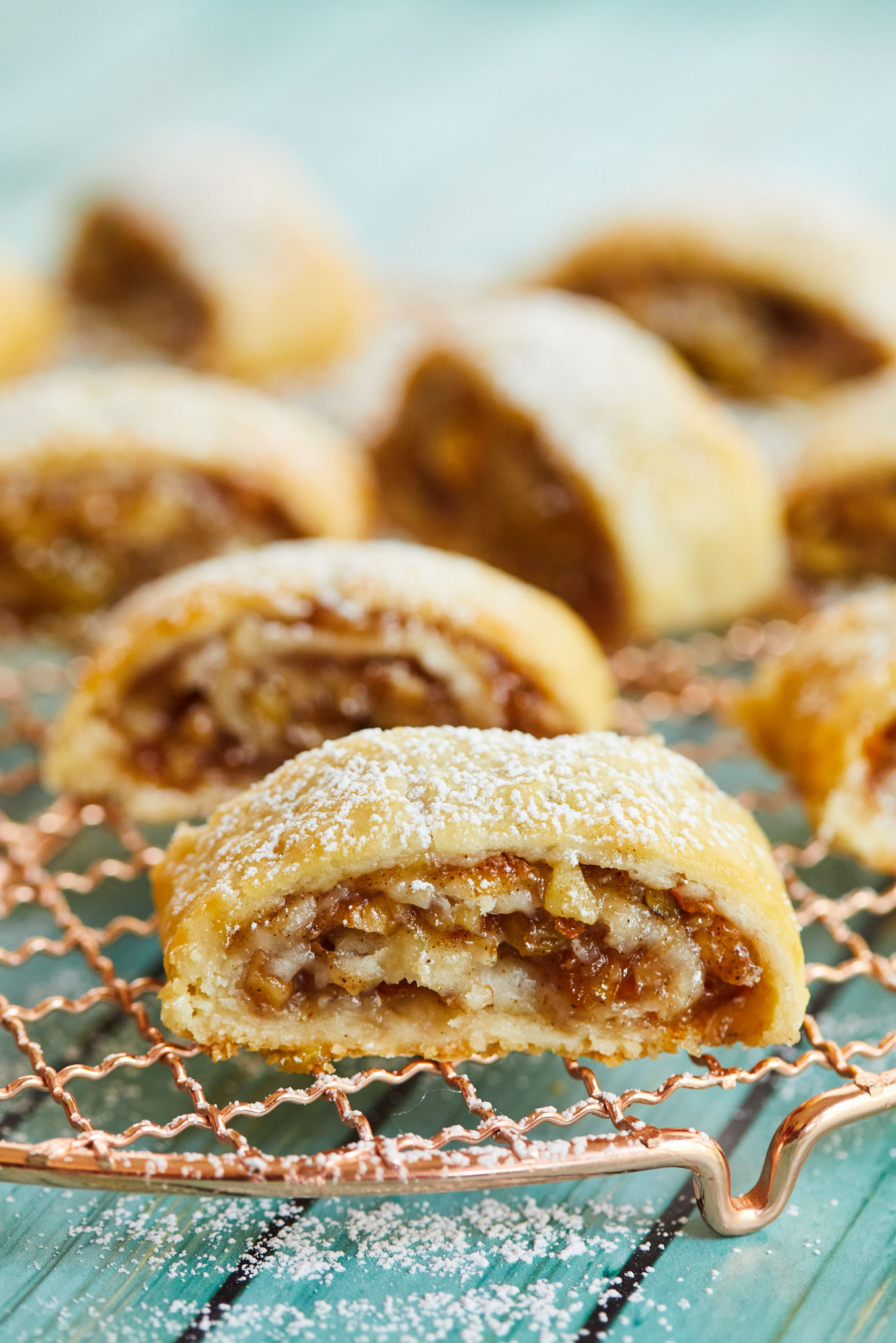 A close up of my rugelach, filled with jam, nuts, and raisins.