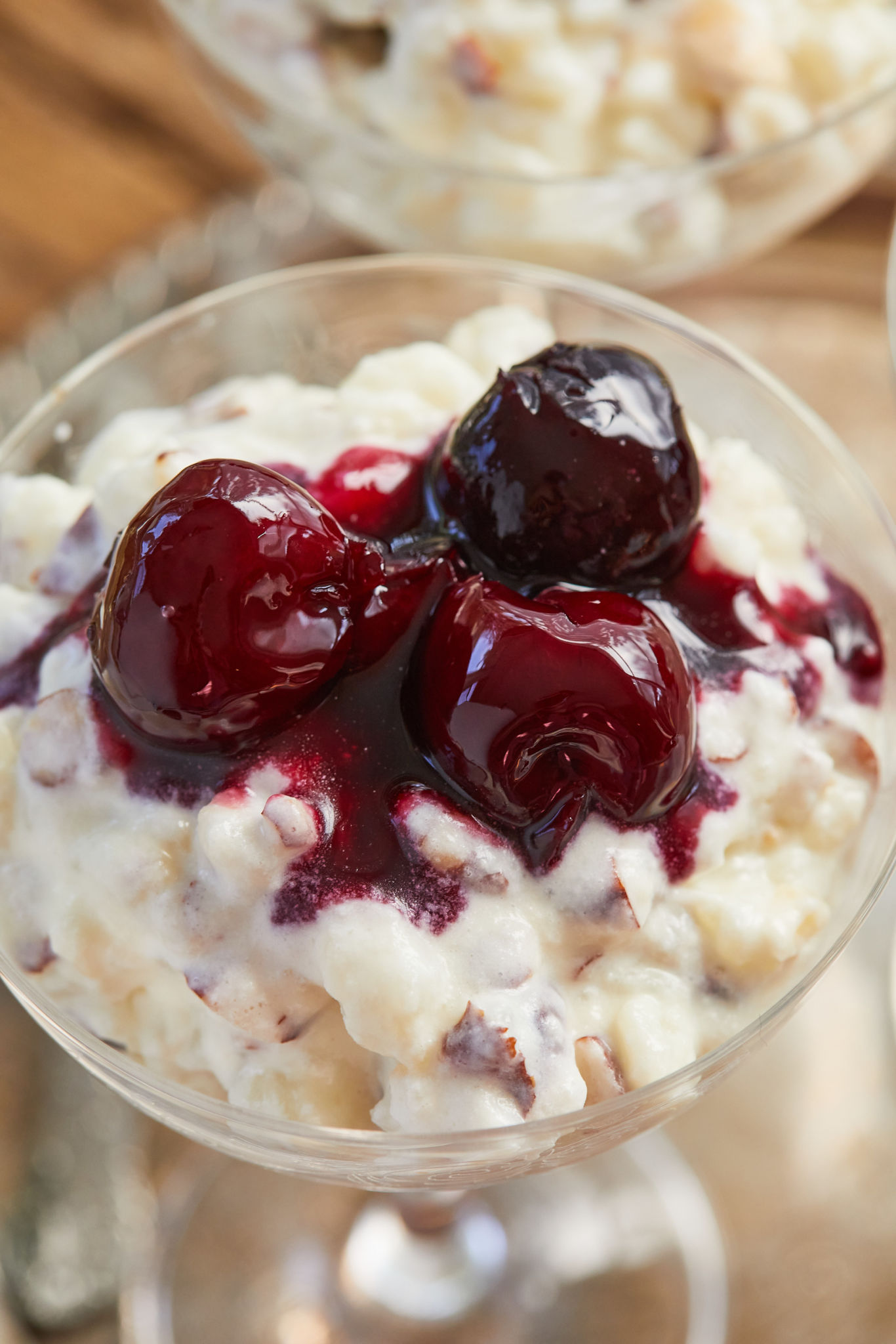 A close up of the cherries and rice pudding to show texture.