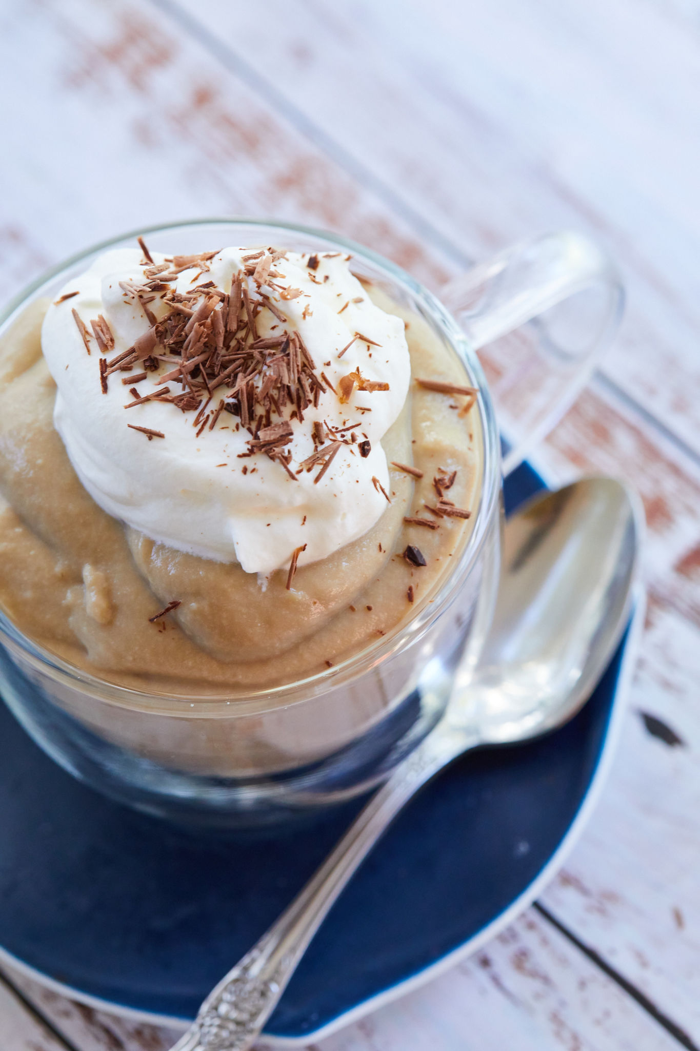 Coffee Pudding topped with cream and chocolate.
