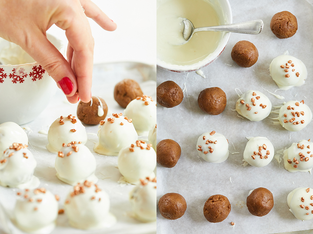 Shaping Gingerbread Truffles and topping them with sprinkles.