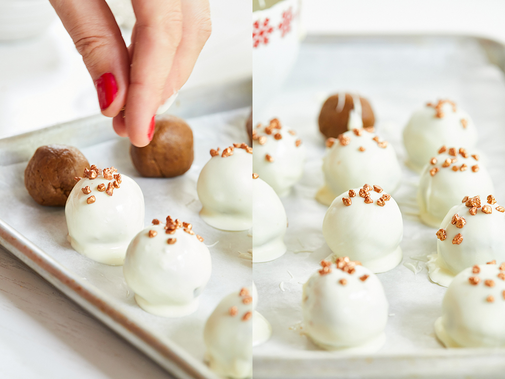 Finishing No-Bake Gingerbread Truffles with sprinkles.