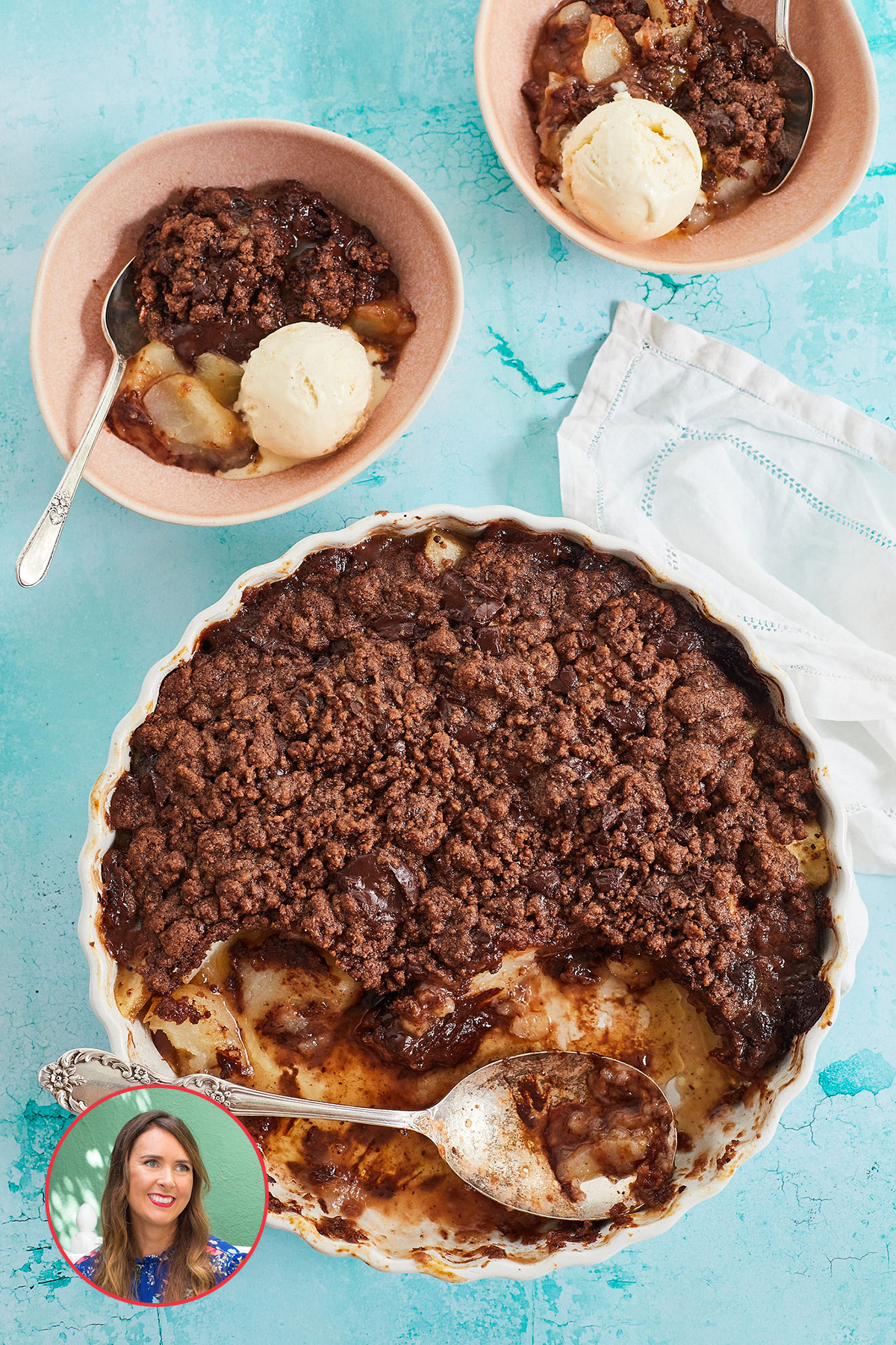 Pear and Chocolate Crisp in bowls with ice cream.