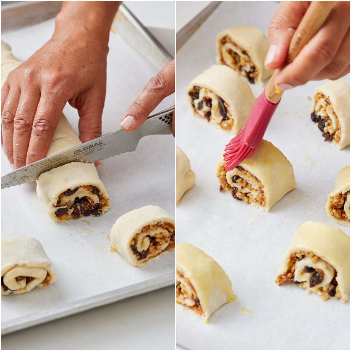 Slice the Rugelach log and brush with egg wash. 