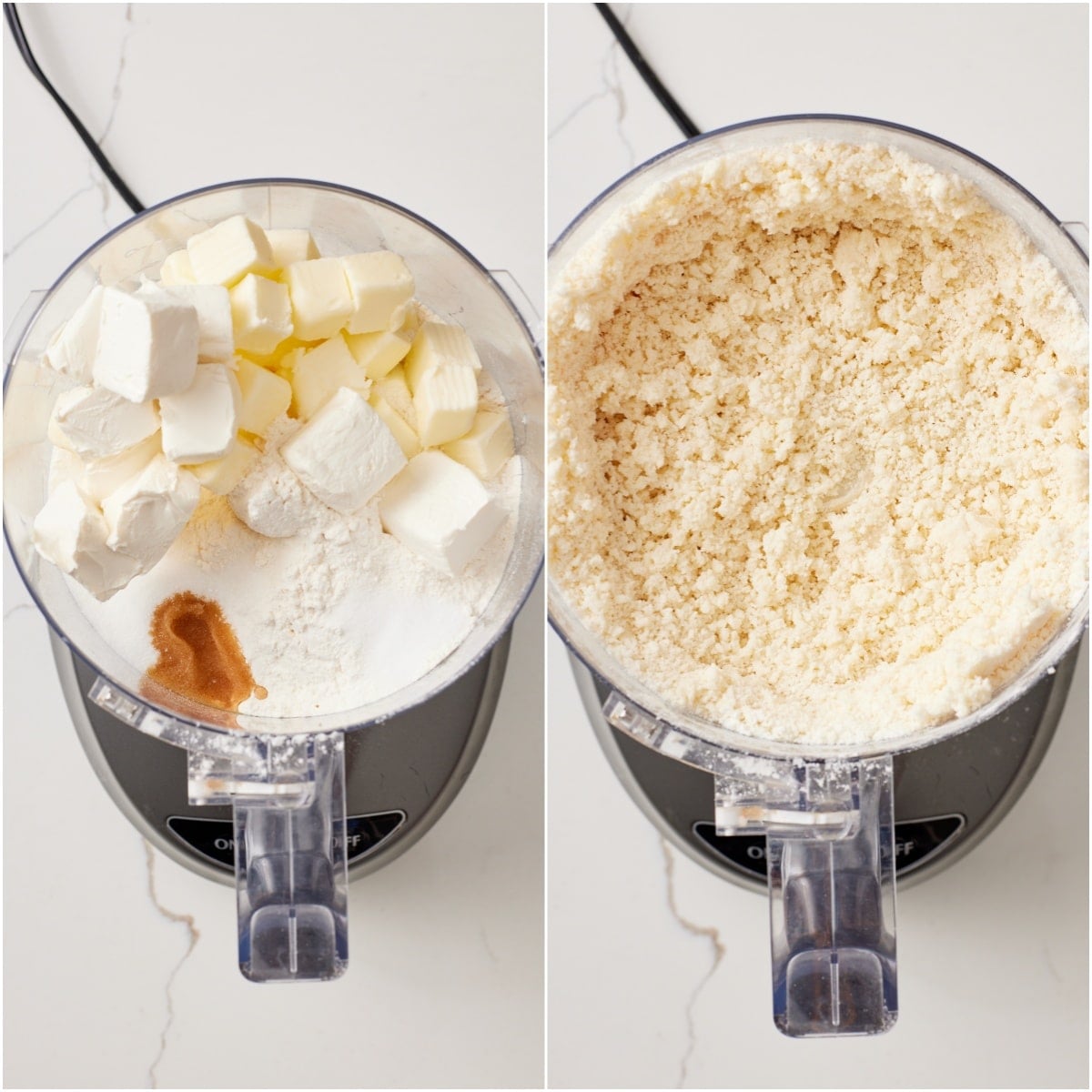 Step-by-step instructions on how to make Rugelach: pulse dry ingredients in a food processor to form a dough.