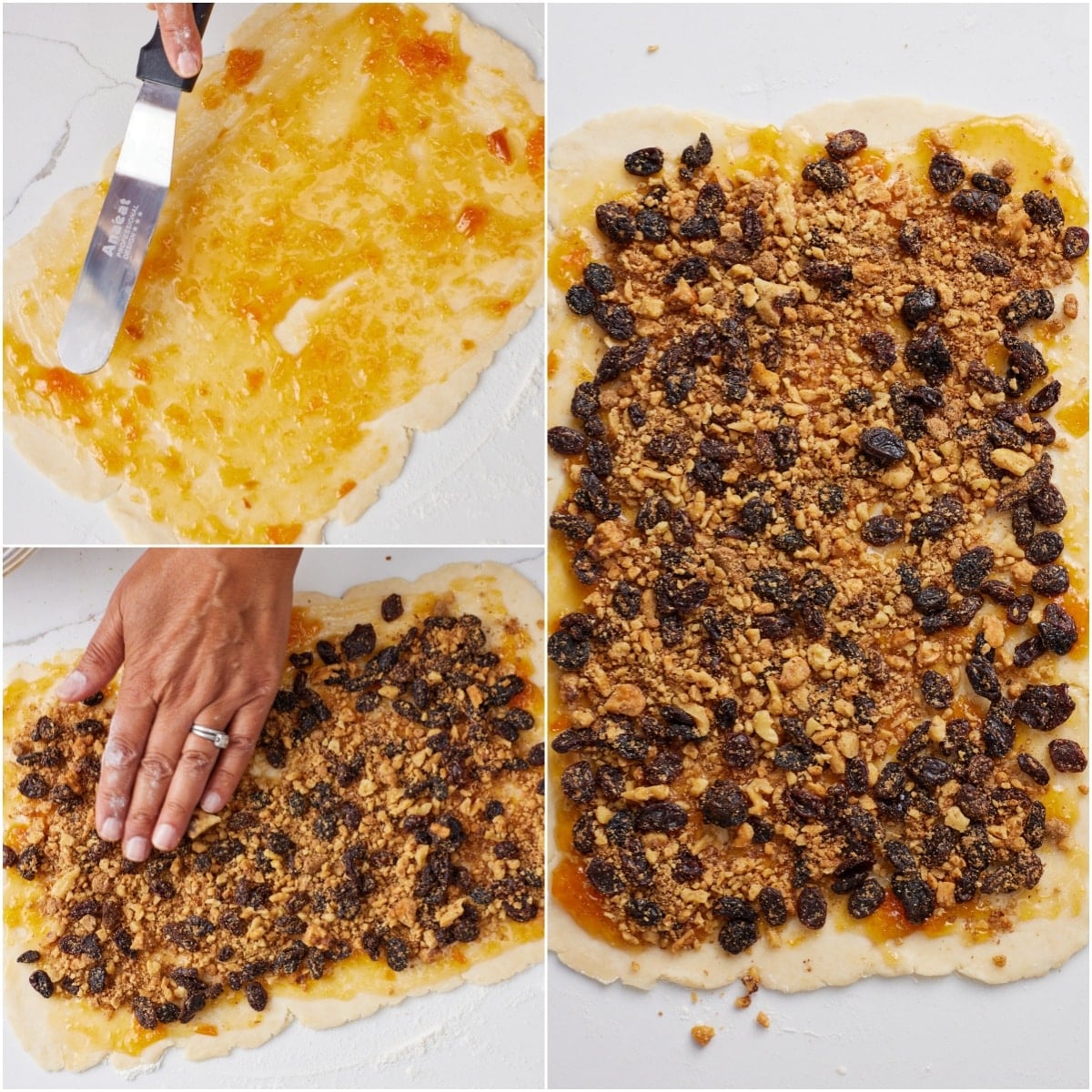 Spread half of the apricot jam over the dough and sprinkle half of the raisin and walnut mixture evenly on top.
