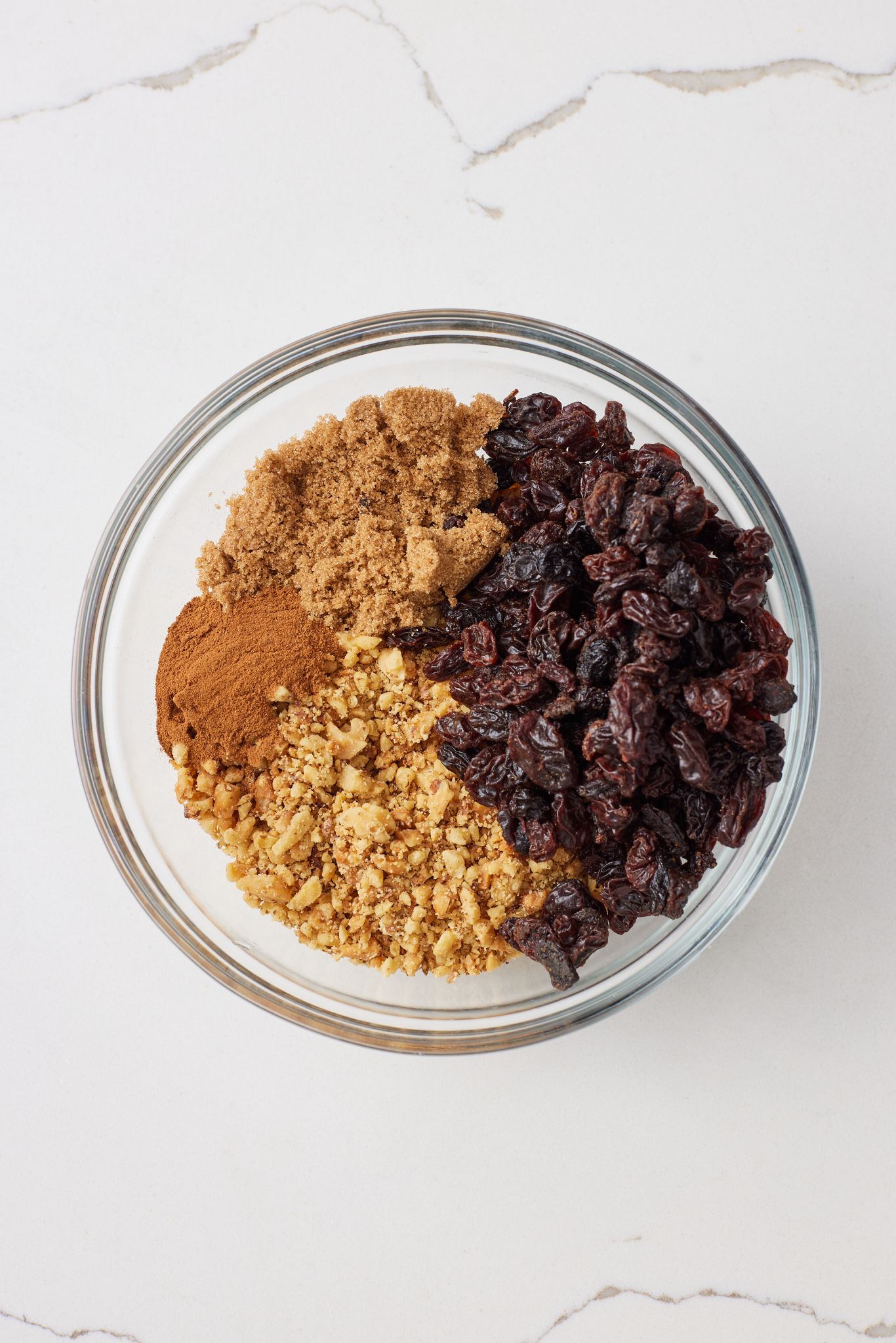 A glass bowl of Rugelach filling ingredients 