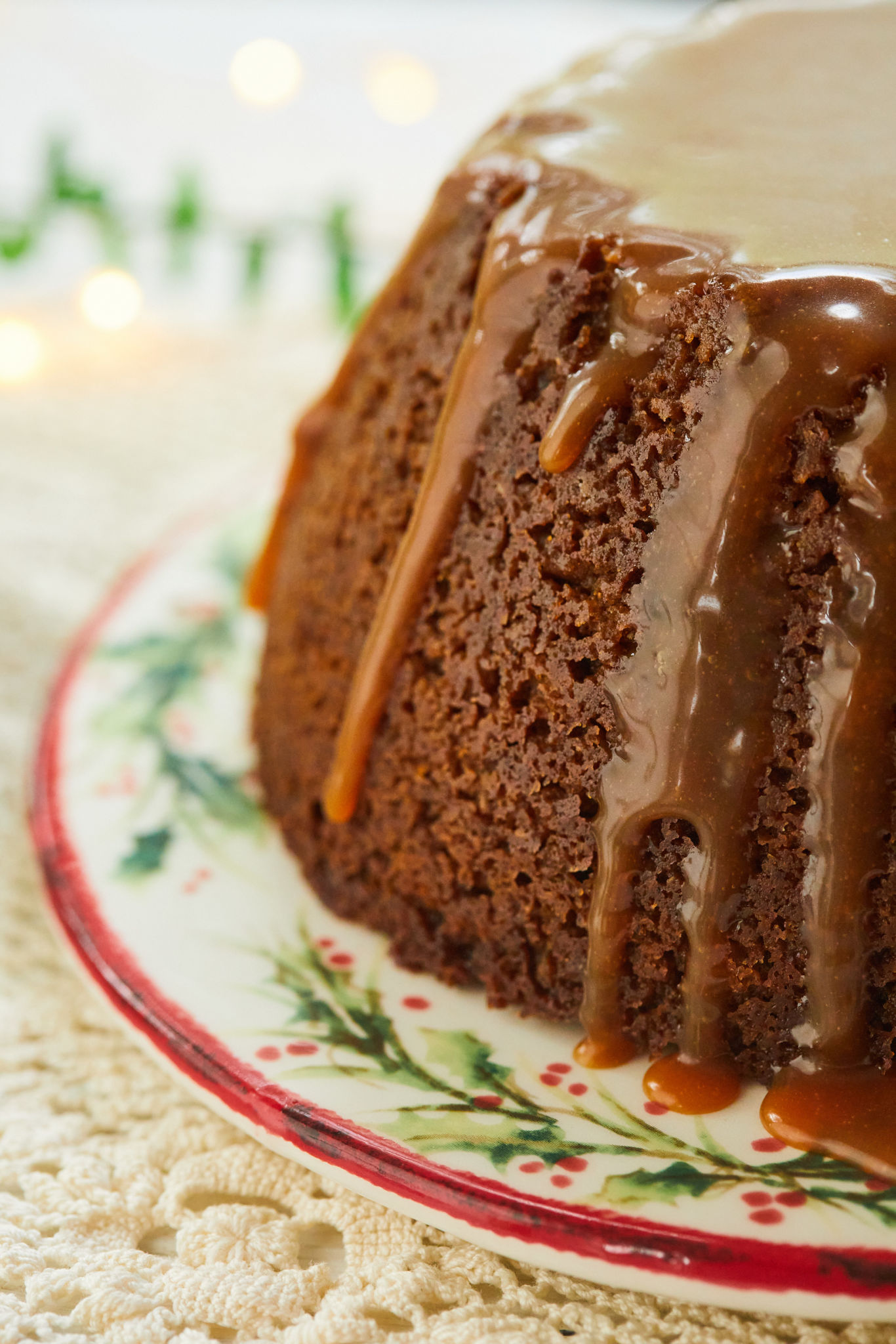 A close up of my Gingerbread Pudding with Caramel Sauce running down the sides.