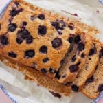A top-down view of the best blueberry banana bread recipe you'll ever have.