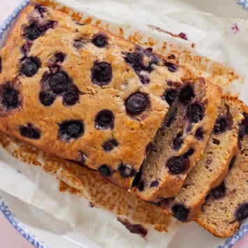 A top-down view of the best blueberry banana bread recipe you'll ever have.