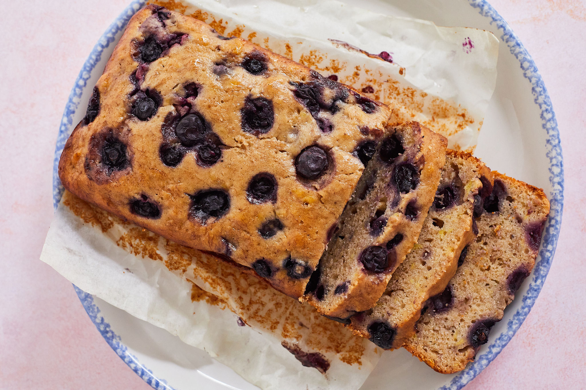 A top-down view of the best blueberry banana bread recipe you'll ever have.