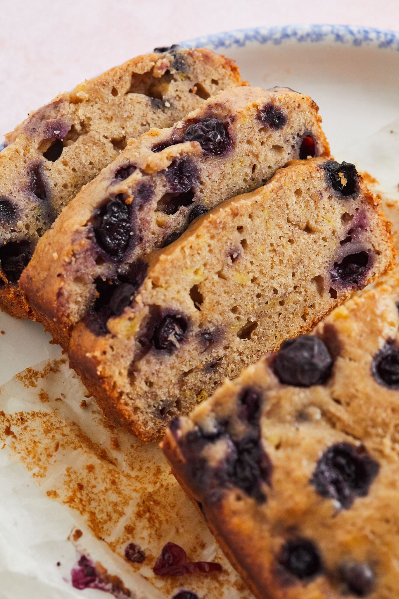 A close-up of the slices of my blueberry banana bread recipe.