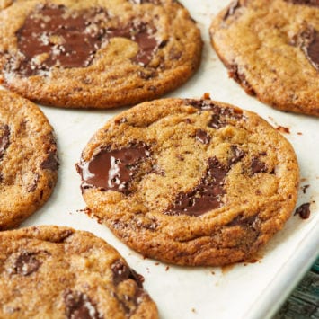 A tray full of chew chocolate chip cookies from my easy cookie recipe.