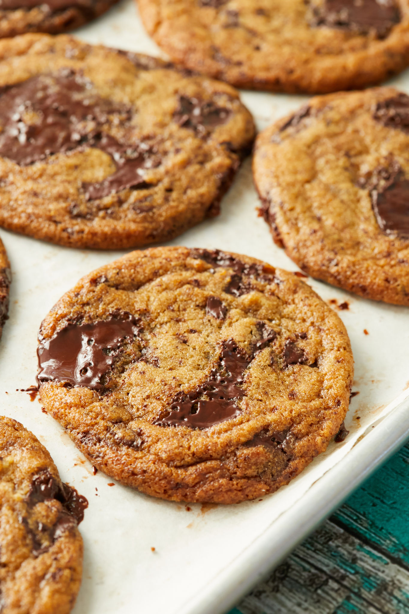 A close up of the internet's best chewy chocolate chip cookie.