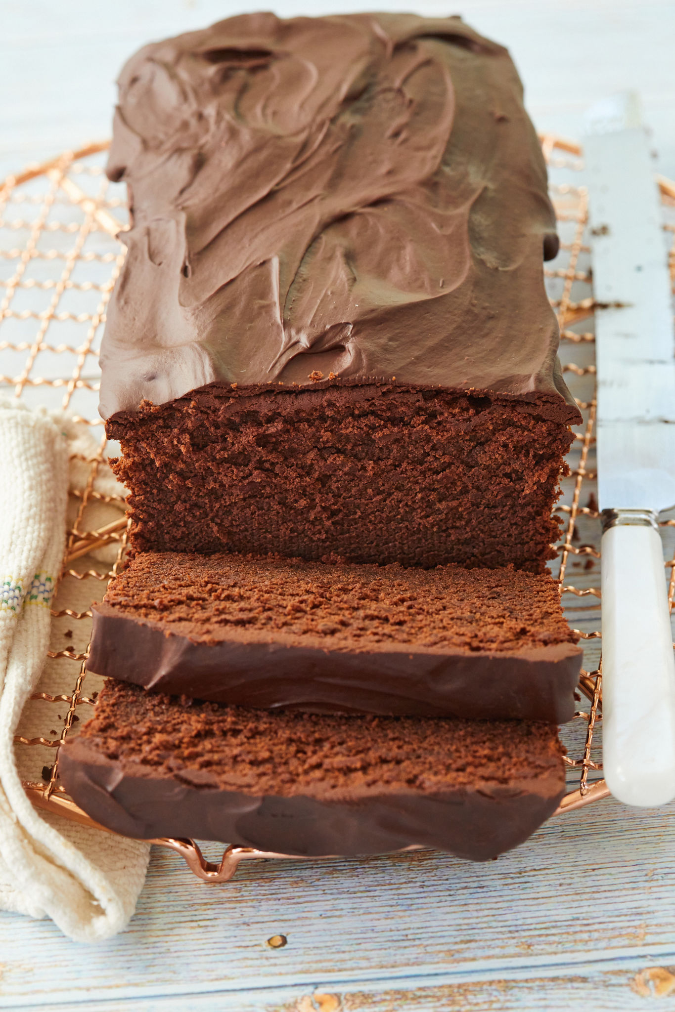 Sliced chocolate pound cake.