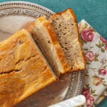 My Cream Cheese Banana Bread fanned out on a platter.