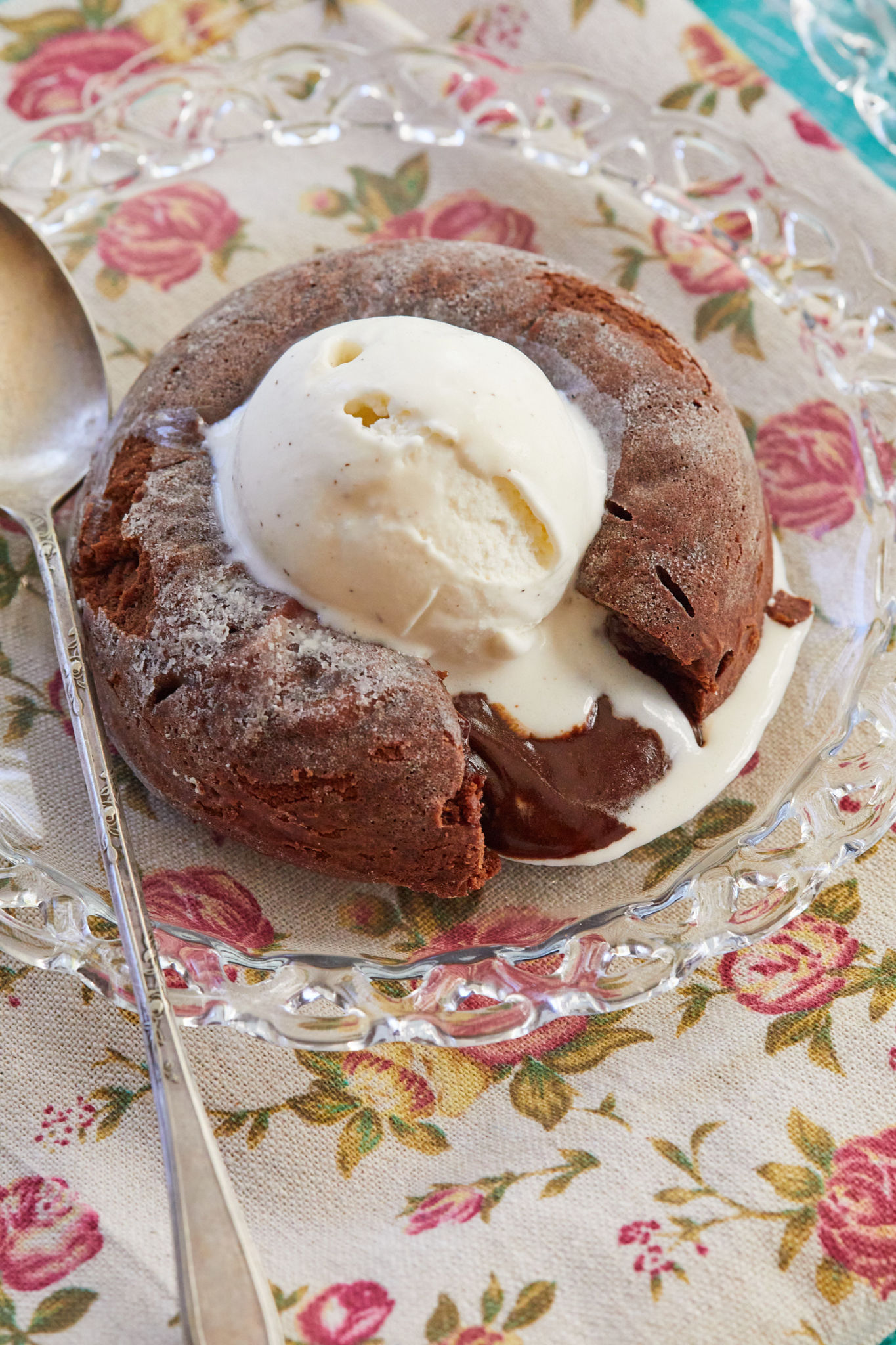 A Chocolate Lava Cake recipe that makes two, topped with vanilla ice cream!