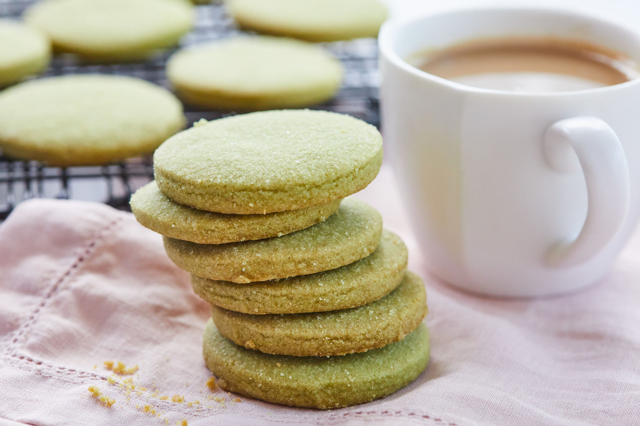 A close up of a stack of Matcha Shortbread Cookies, one of the best shortbread recipes you'll find.