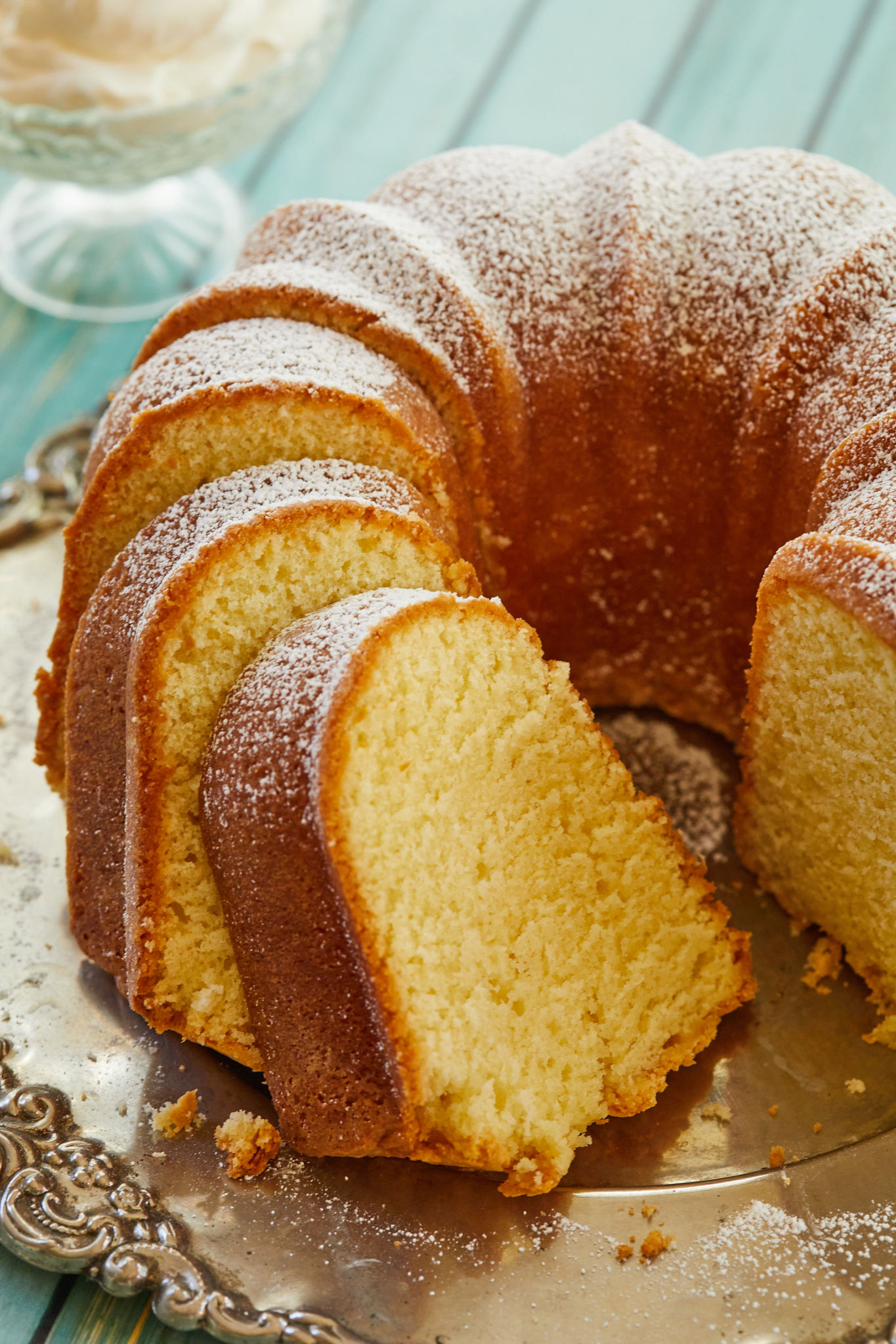 A slice of sour cream pound cake to show texture and consistency.