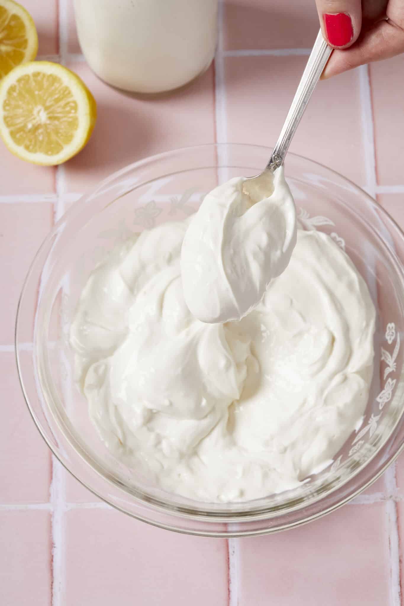 Creamy and smooth cream cheese made with milk and lemon juice.