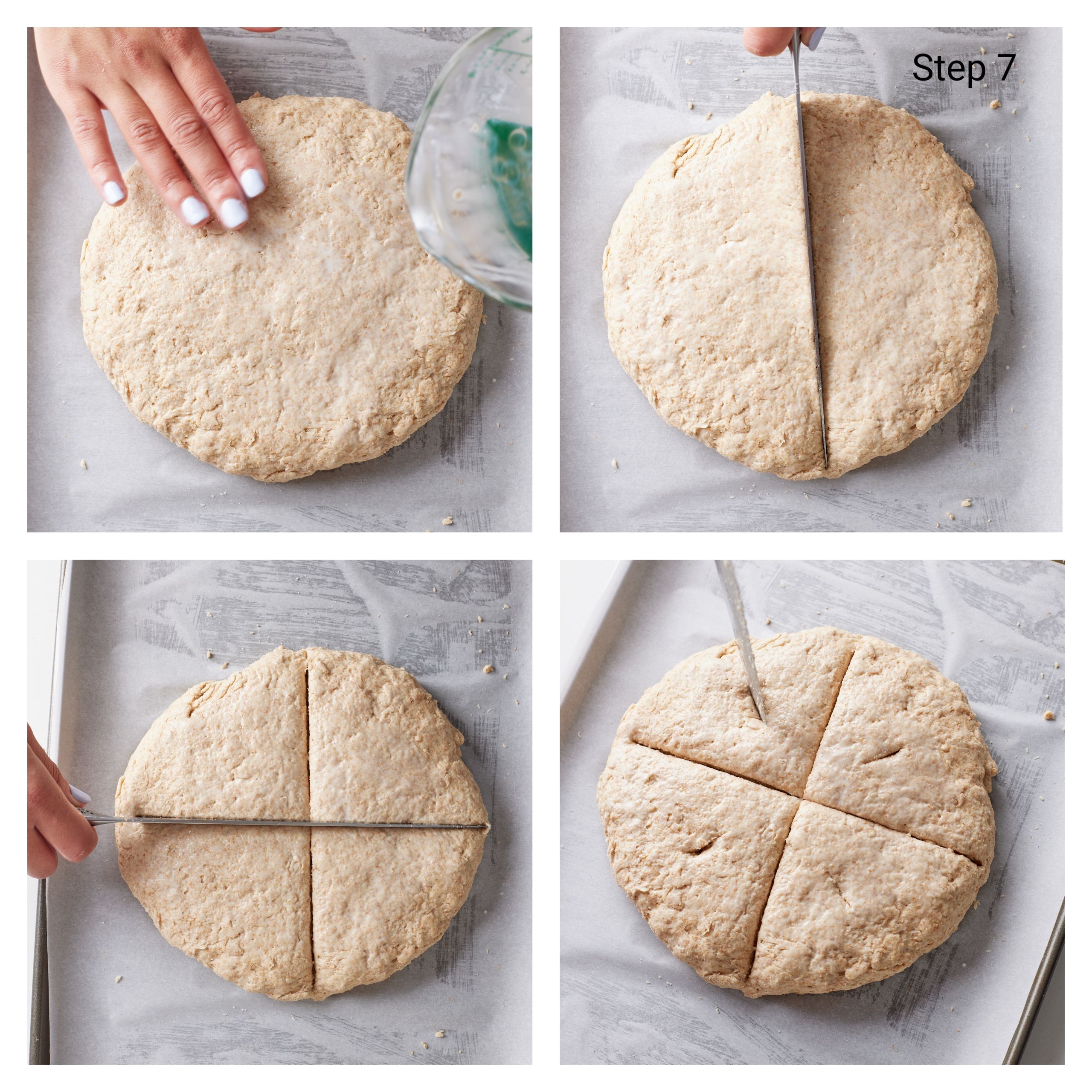 Mum's Irish Soda Bread collage2 Rub the surface with leftover liquid mixture and score the top with a cross. Poke holes in each corner.