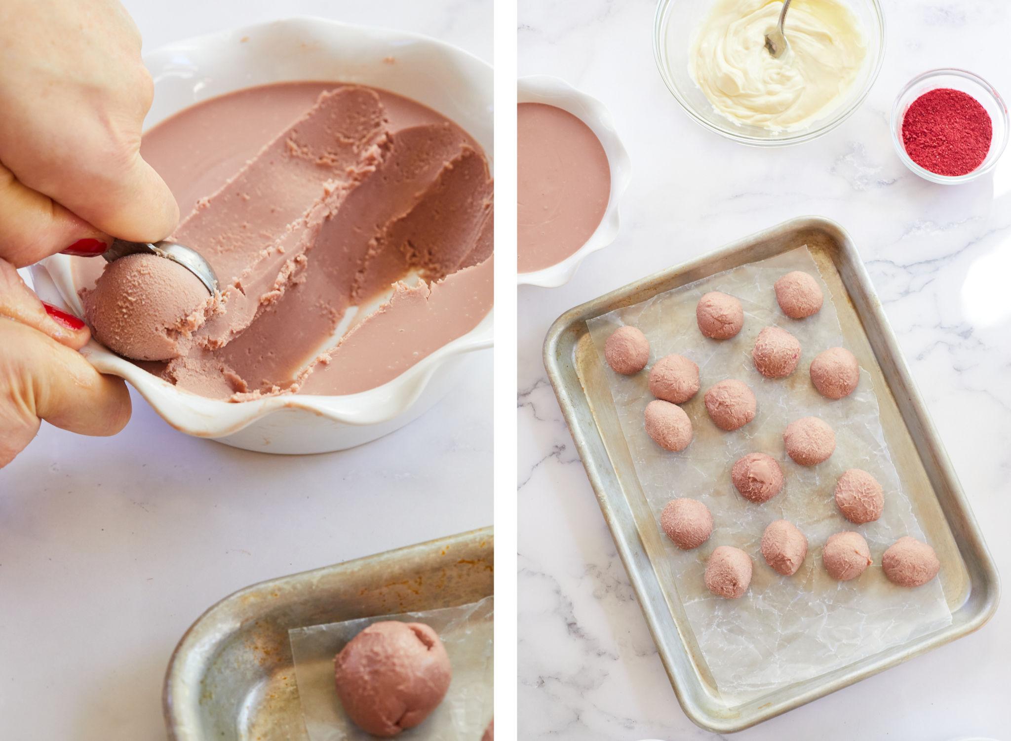 Step one and two of making Ruby Chocolate Truffles: scoop and place on a pan.