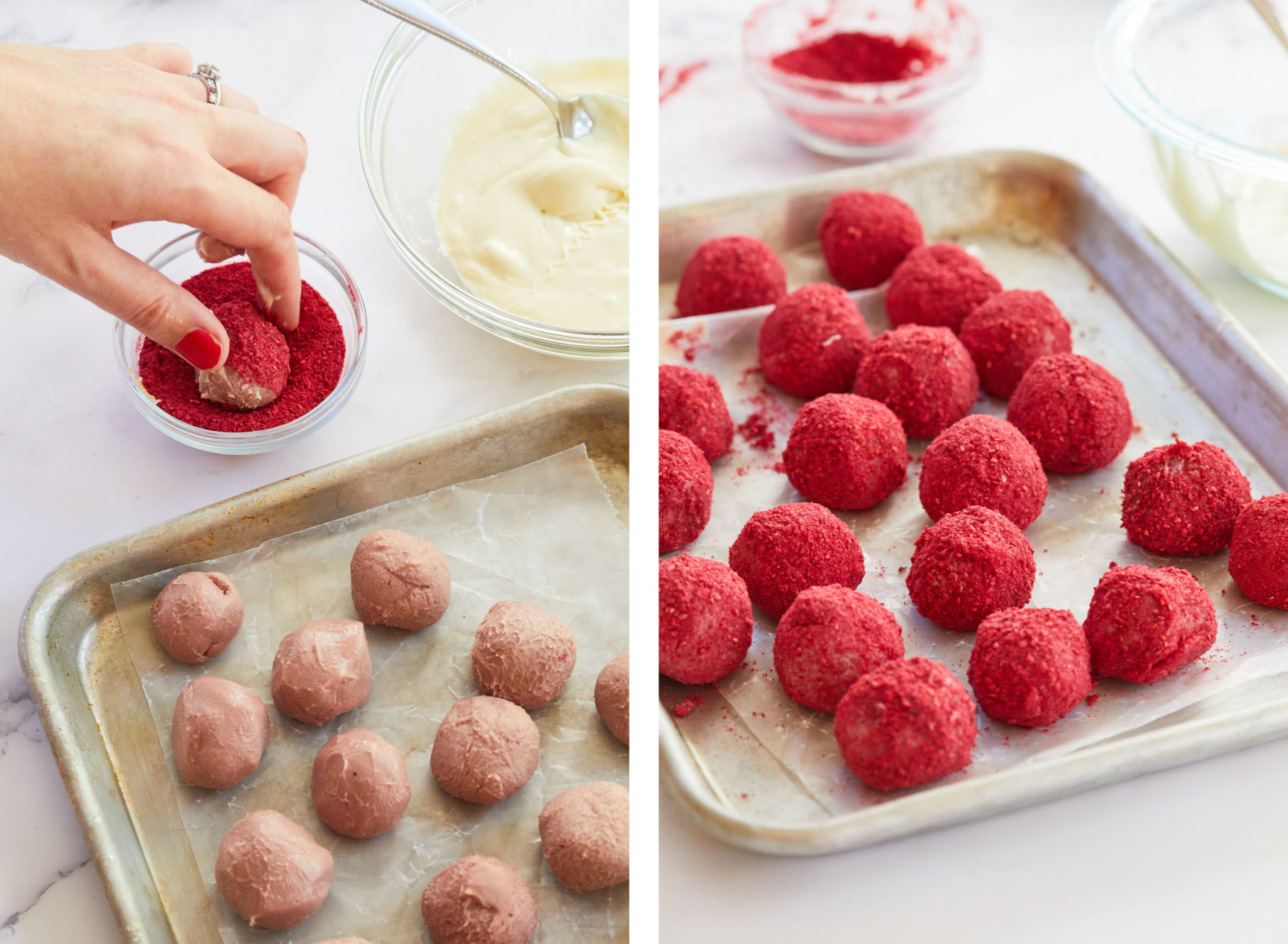 Coating the Ruby Chocolate Raspberry Truffles and returning them to a pan.
