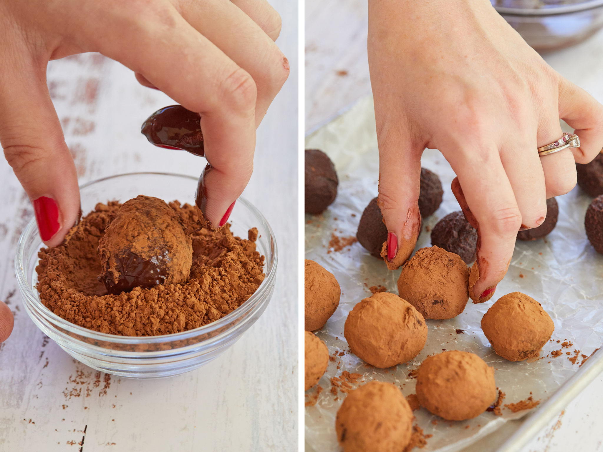 Rolling the chocolate truffles and placing them on the baking sheet.
