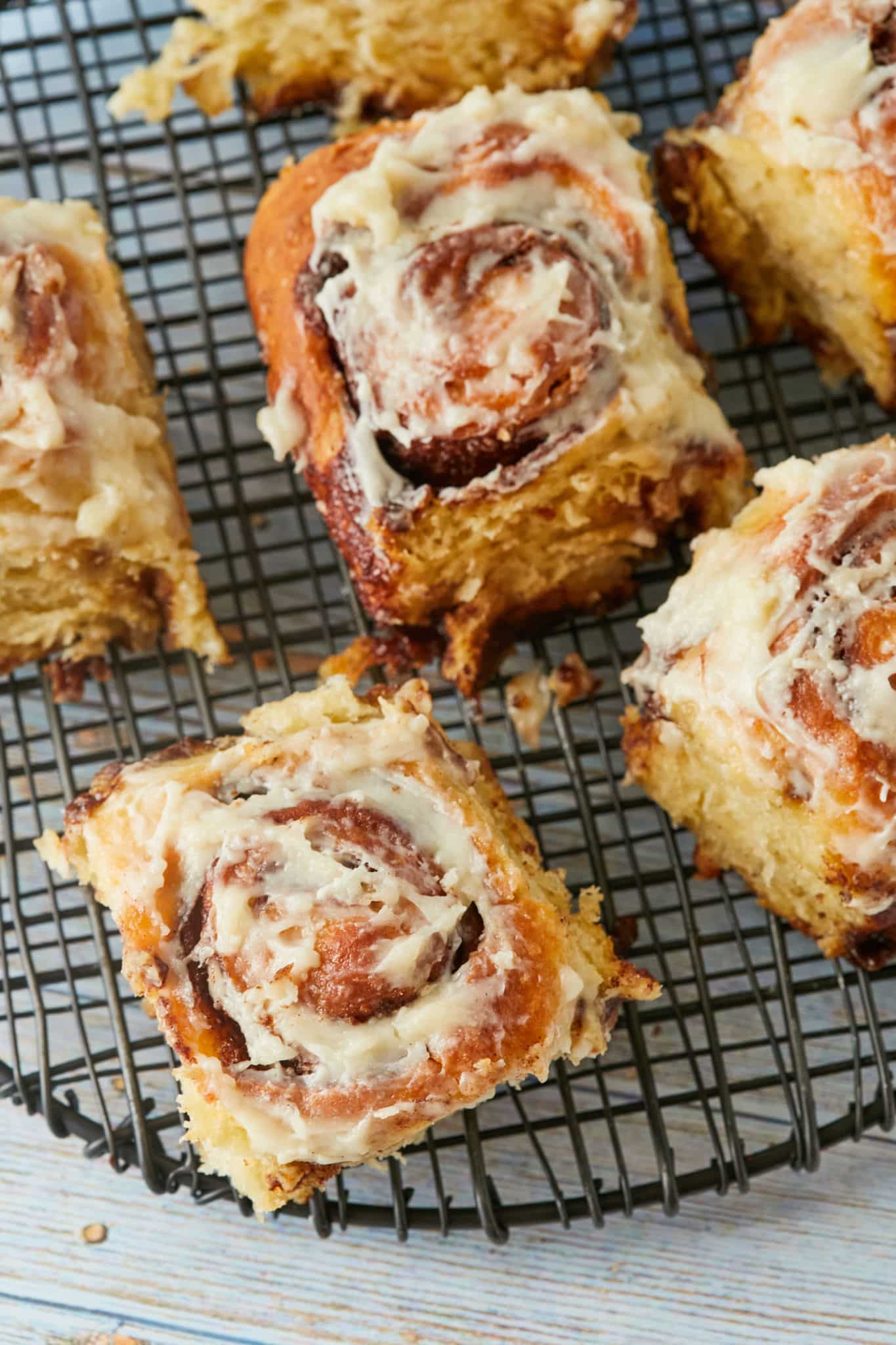A top-down view of my best cinnamon rolls recipe, showing the frosting and texture.