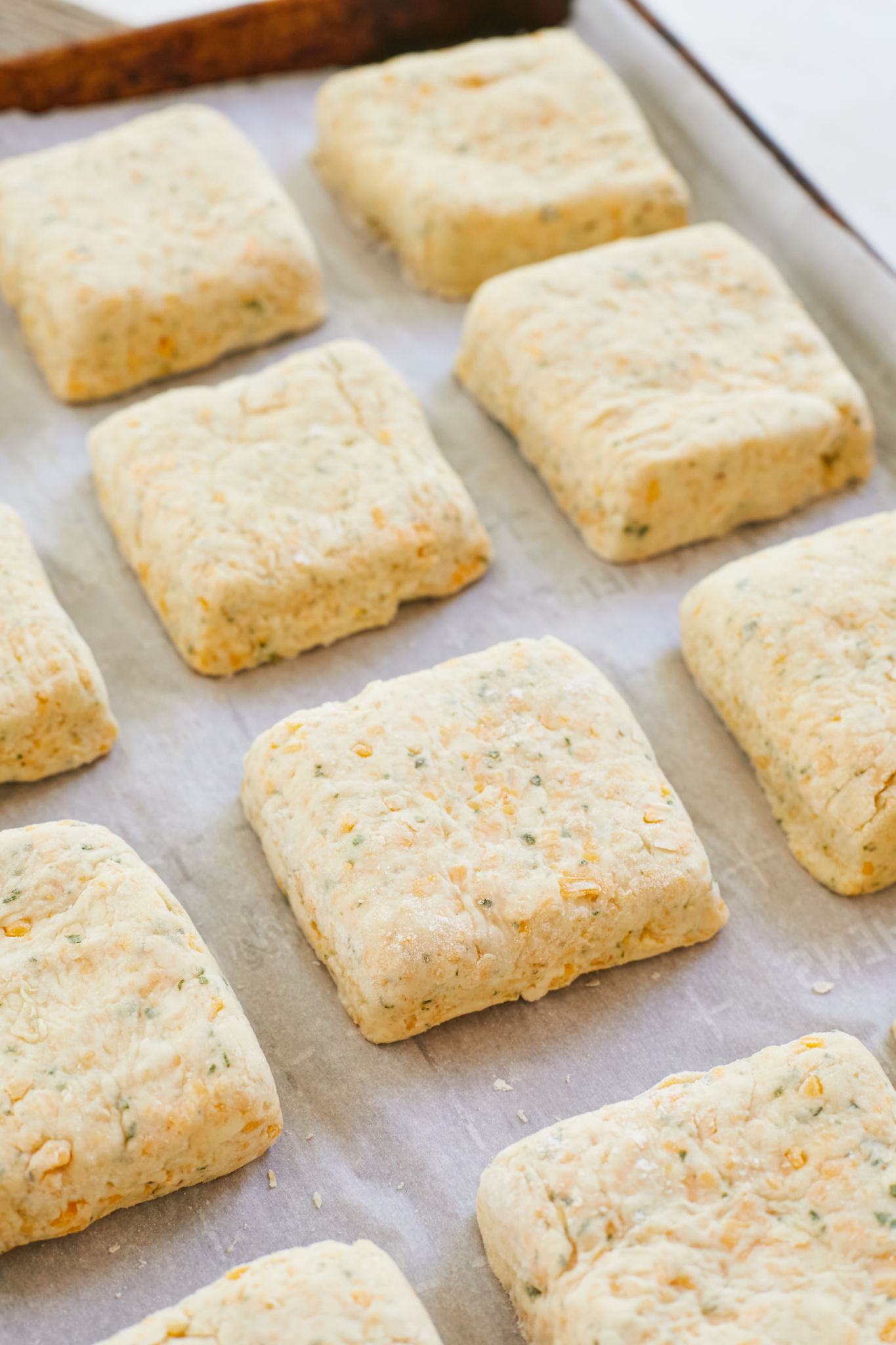 Unbaked sage and cheddar biscuits ready for baking.