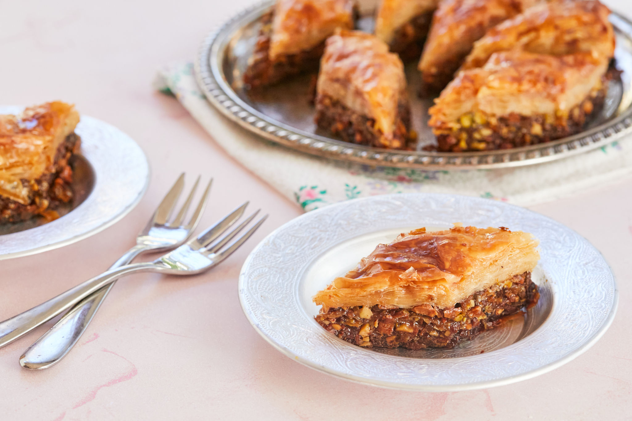A serving dish with baklava.