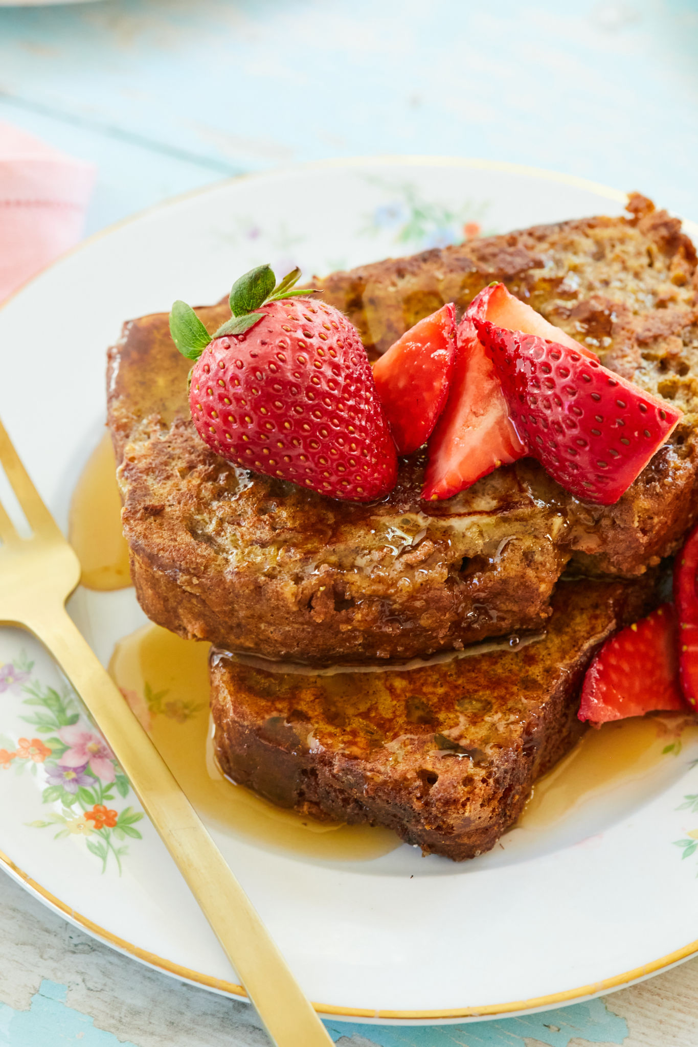 A close up of my French toast recipe made with banana bread.