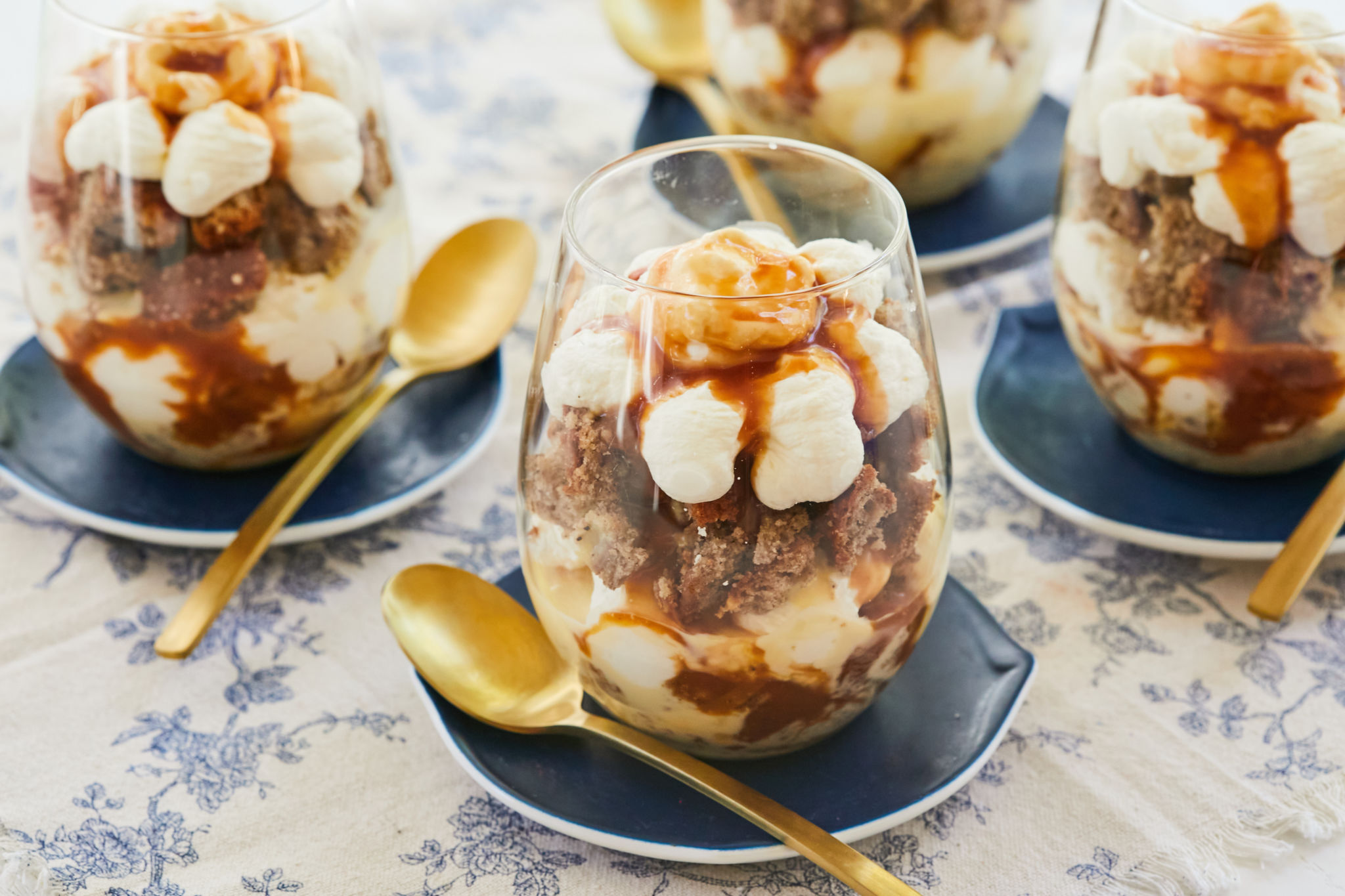 Four glasses of banana bread trifle.