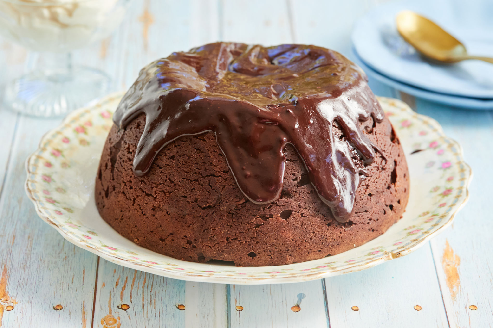 A whole steamed chocolate pudding.