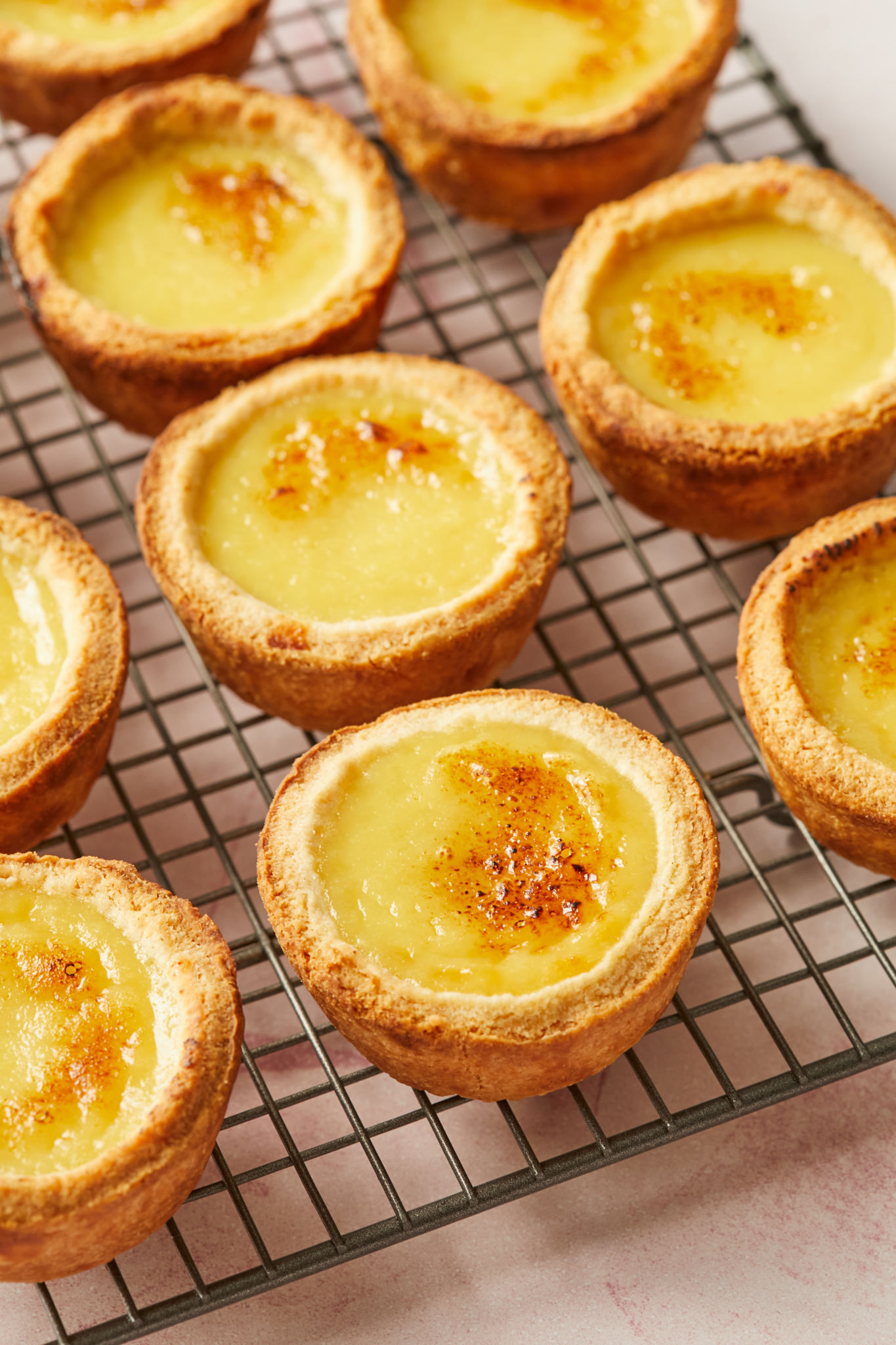 Top-down view of my Portuguese Custard Tarts recipe, after baking.