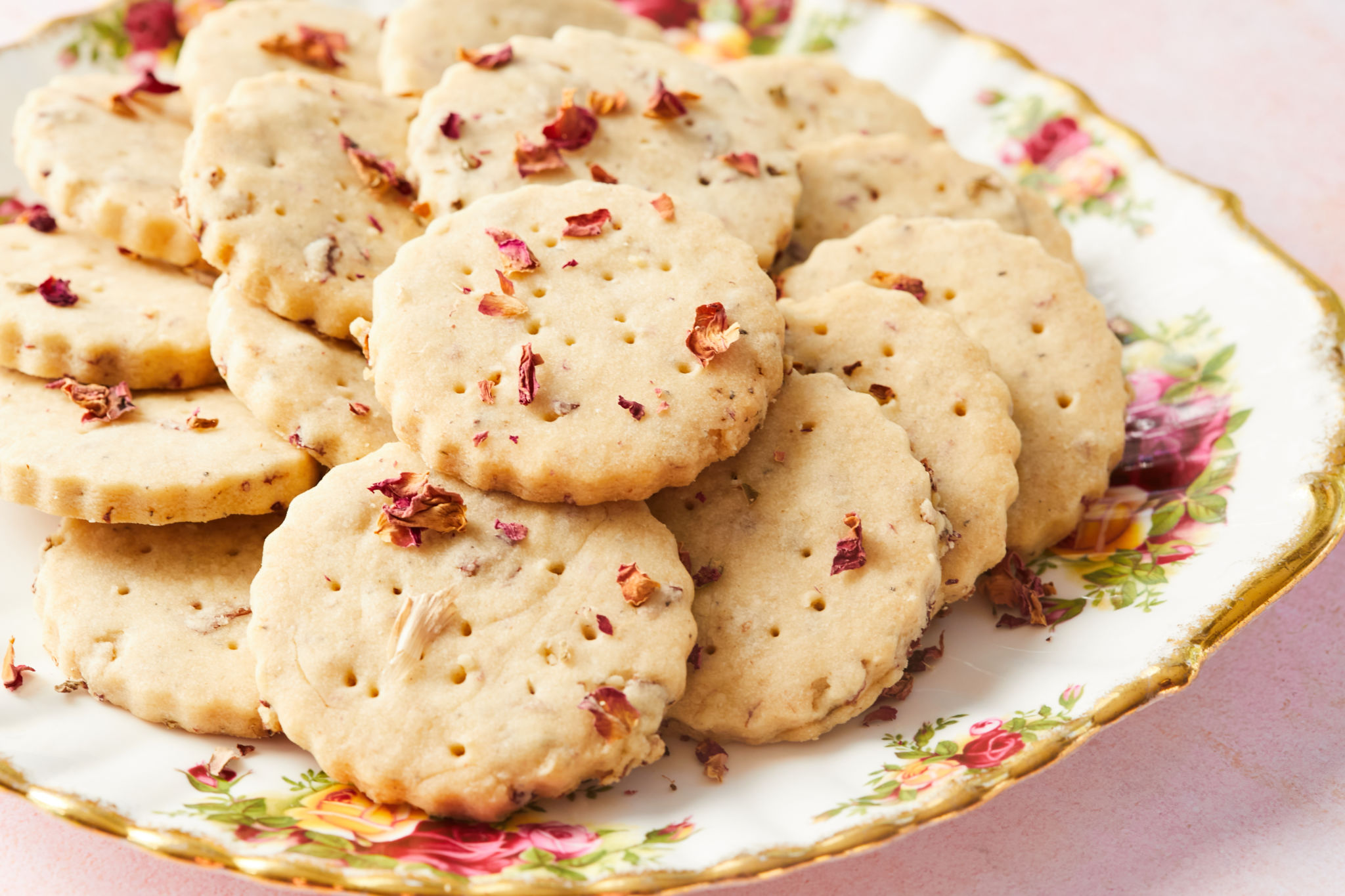 A plate or rose and cardamom cookies.