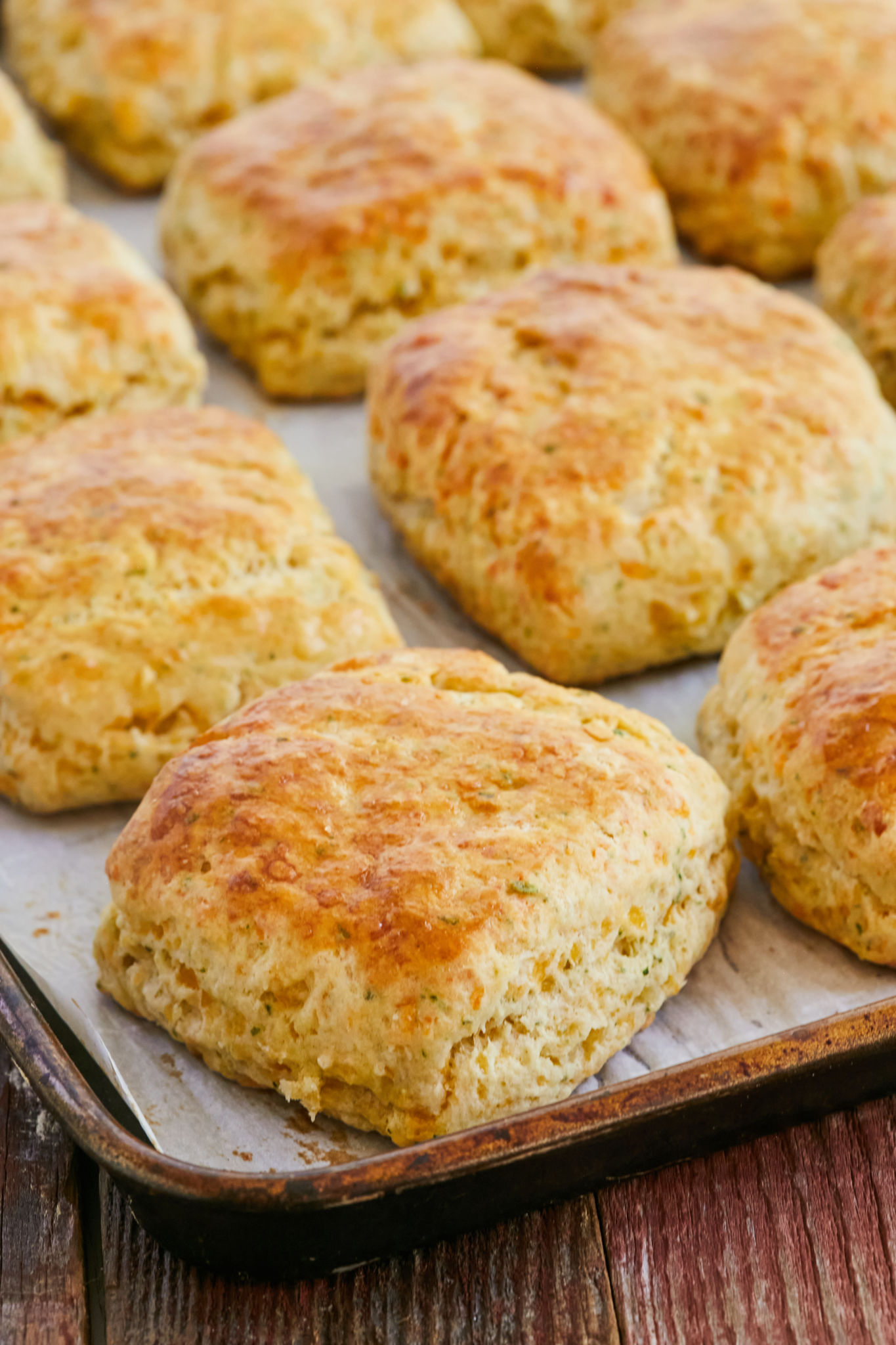 A close up of my cheddar and sage biscuits after baking.