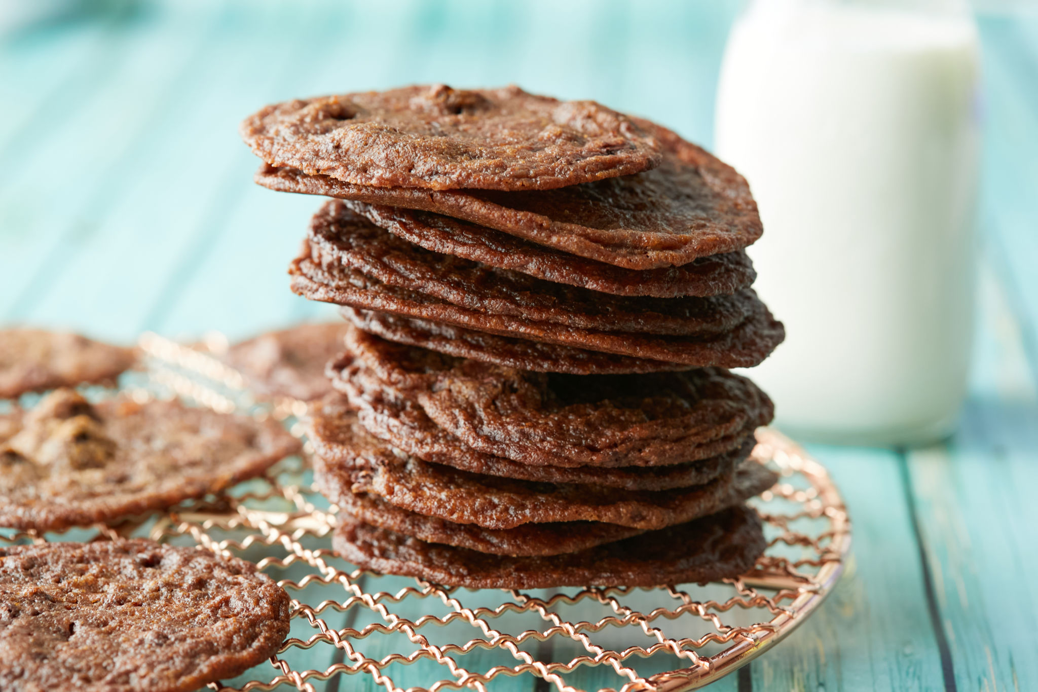 A big stack of thin chocolate chip cookies, made from my crunchy chocolate chip cookies recipe.