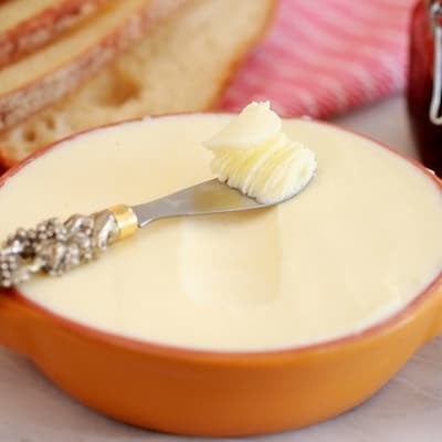 A bowl of silky smooth homemade butter.