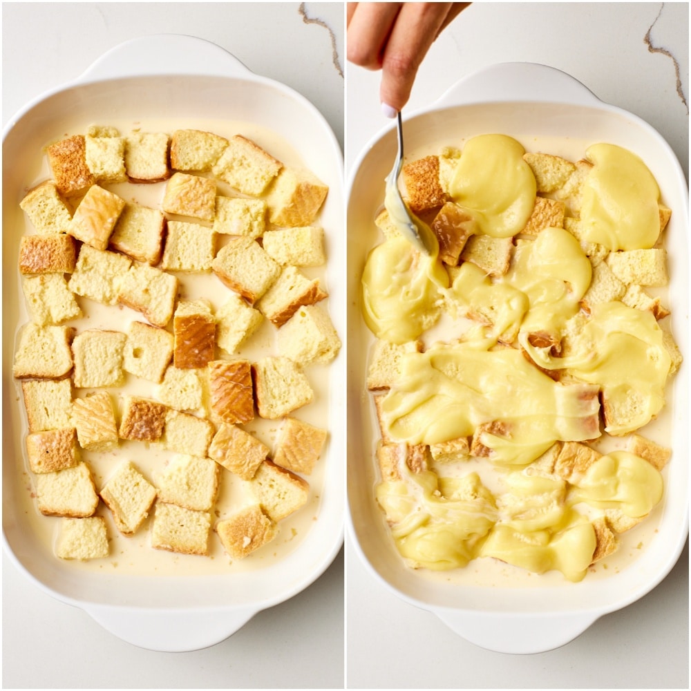 Combine custard and bread: Pour over the custard and press down the bread in the pan, and let it sit for 1 hour at room temperature to allow the bread to soak up the custard.